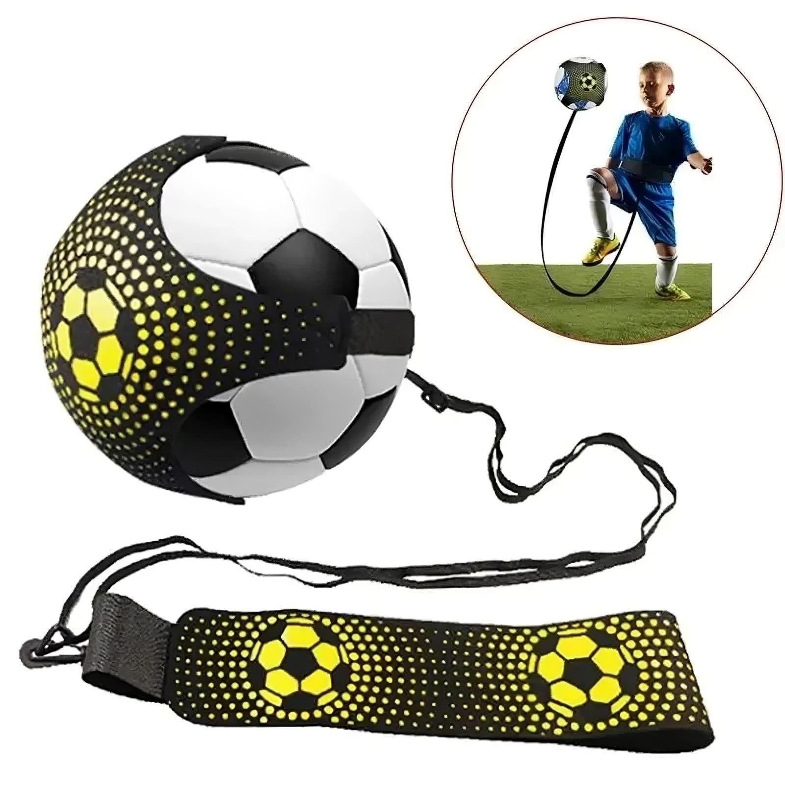 Football training belt with ball attached by elastic cord
