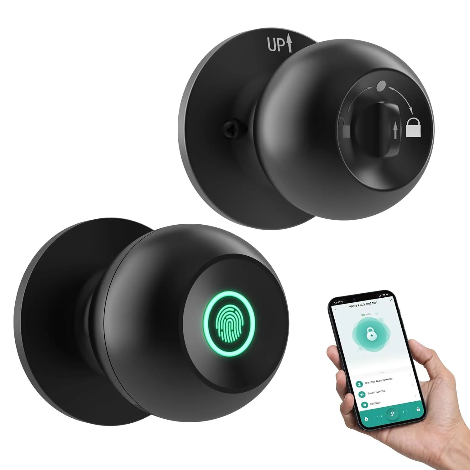 Close‑up of smart door knob with fingerprint reader and illuminated keypad.