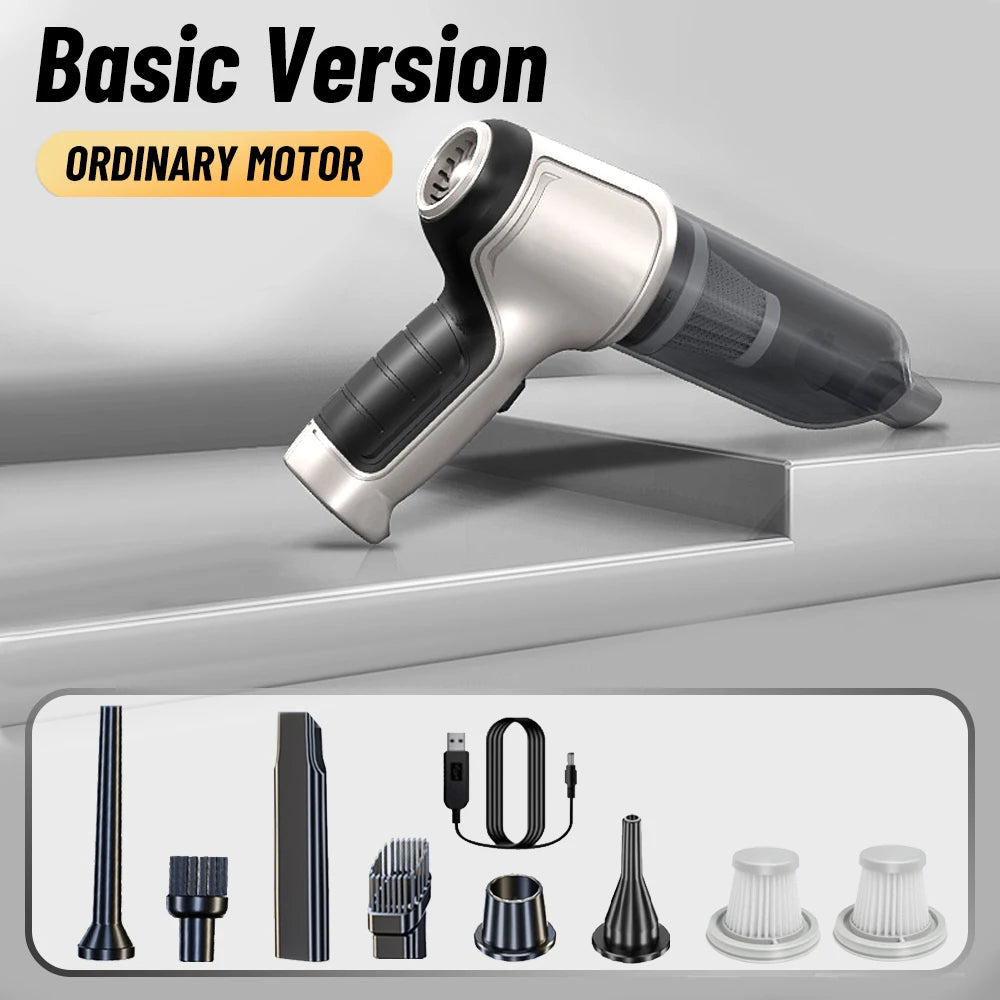 Convertible vacuum and air blower shown with multiple nozzles and Type‑C charging cable.  