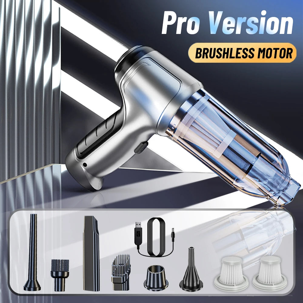 2‑in‑1 Car Vacuum & Air Blower – 12 kPa Suction, Type‑C Rechargeable with HEPA Filter & LED Light