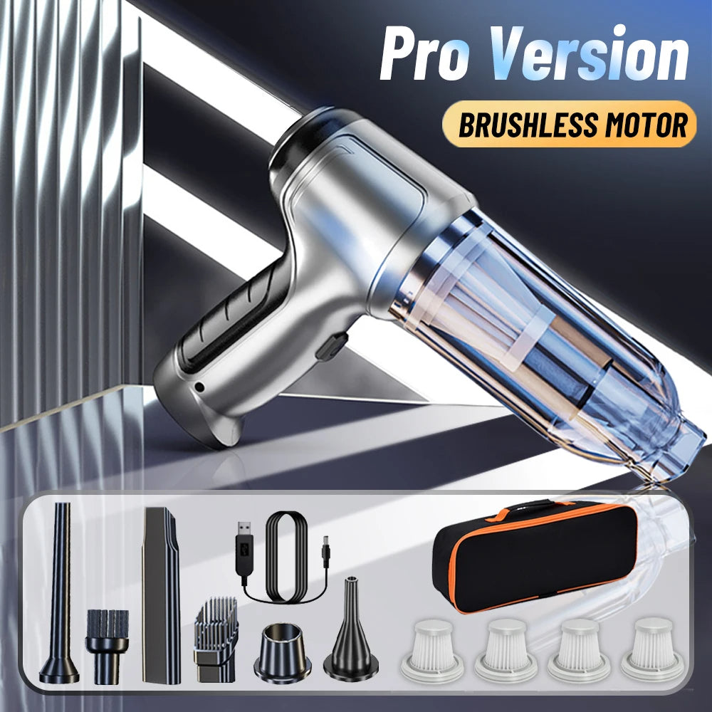 2‑in‑1 Car Vacuum & Air Blower – 12 kPa Suction, Type‑C Rechargeable with HEPA Filter & LED Light
