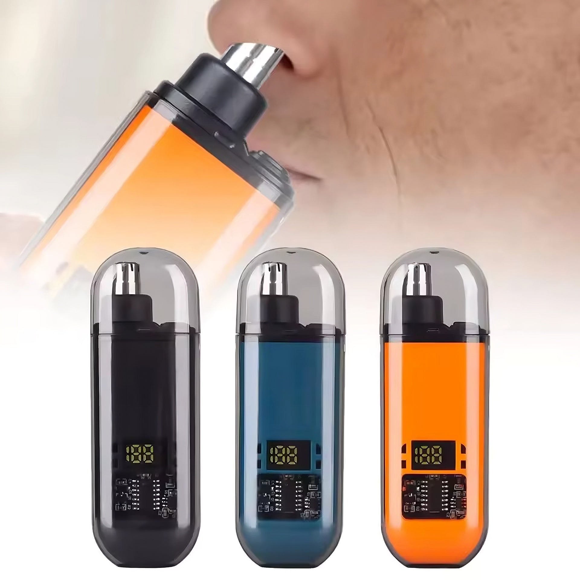 Slim electric nose hair trimmer with stainless‑steel head and USB charging cable.  