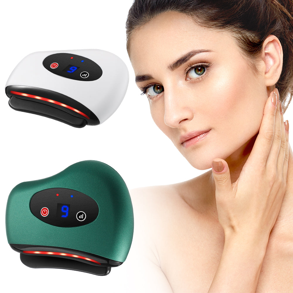 Electric heated gua sha device with ergonomic curved design for face massage.  
