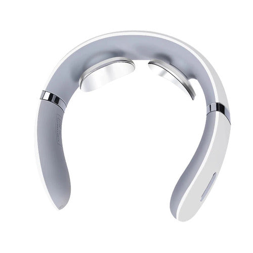 Portable electric neck massager with heat function and ergonomic U-shape design.  
Close-up of rechargeable EMS neck massager with control buttons.  
Person relaxing at home while wearing a heated neck massager around the neck.  

