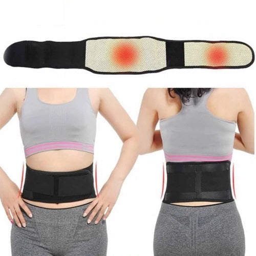 Tourmaline waist brace with adjustable straps and mesh panels
Close‑up of biomagnetic inserts and ceramic material
Person wearing a self‑heating waist brace during a workout


