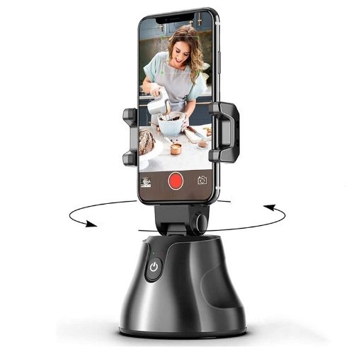 Face tracking phone holder tripod following a person recording TikTok video.  
