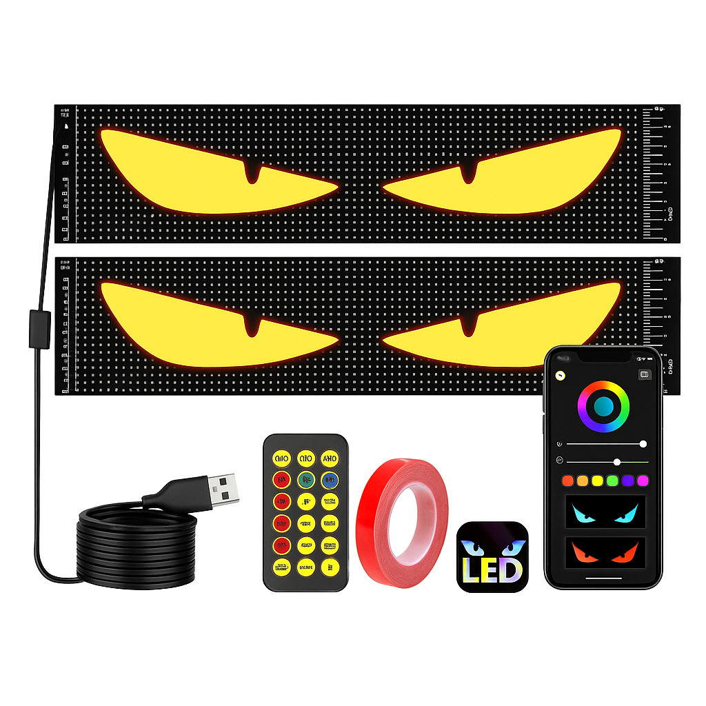 Close‑up of flexible LED screen adhered to a windshield with remote control in hand.  