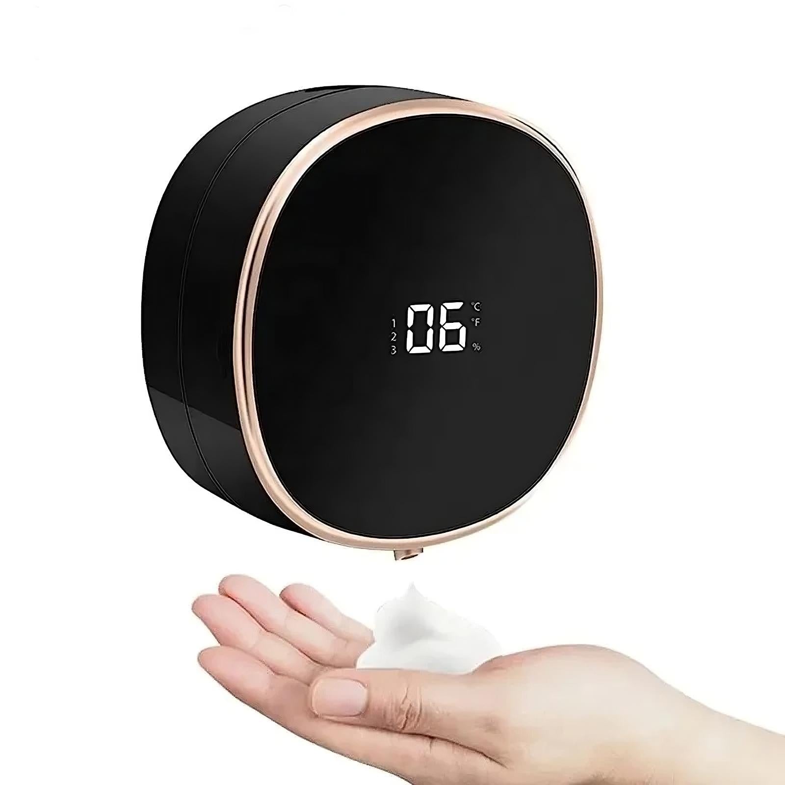 Automatic foaming soap dispenser releasing a cloud of foam into a user’s hand.  