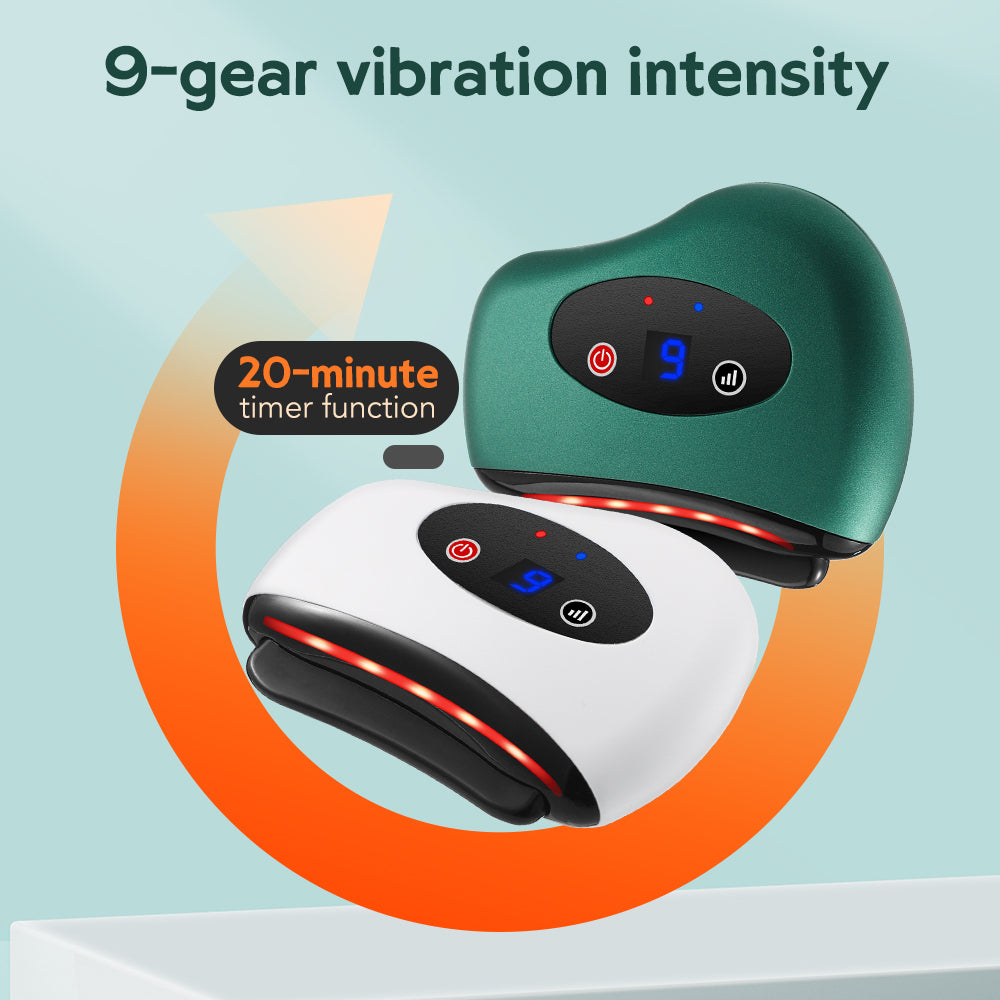 Close-up of rechargeable gua sha massager used on cheek and jawline.  
