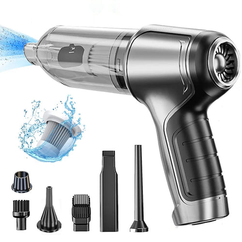 Handheld cordless car vacuum with attachments cleaning car seats. 