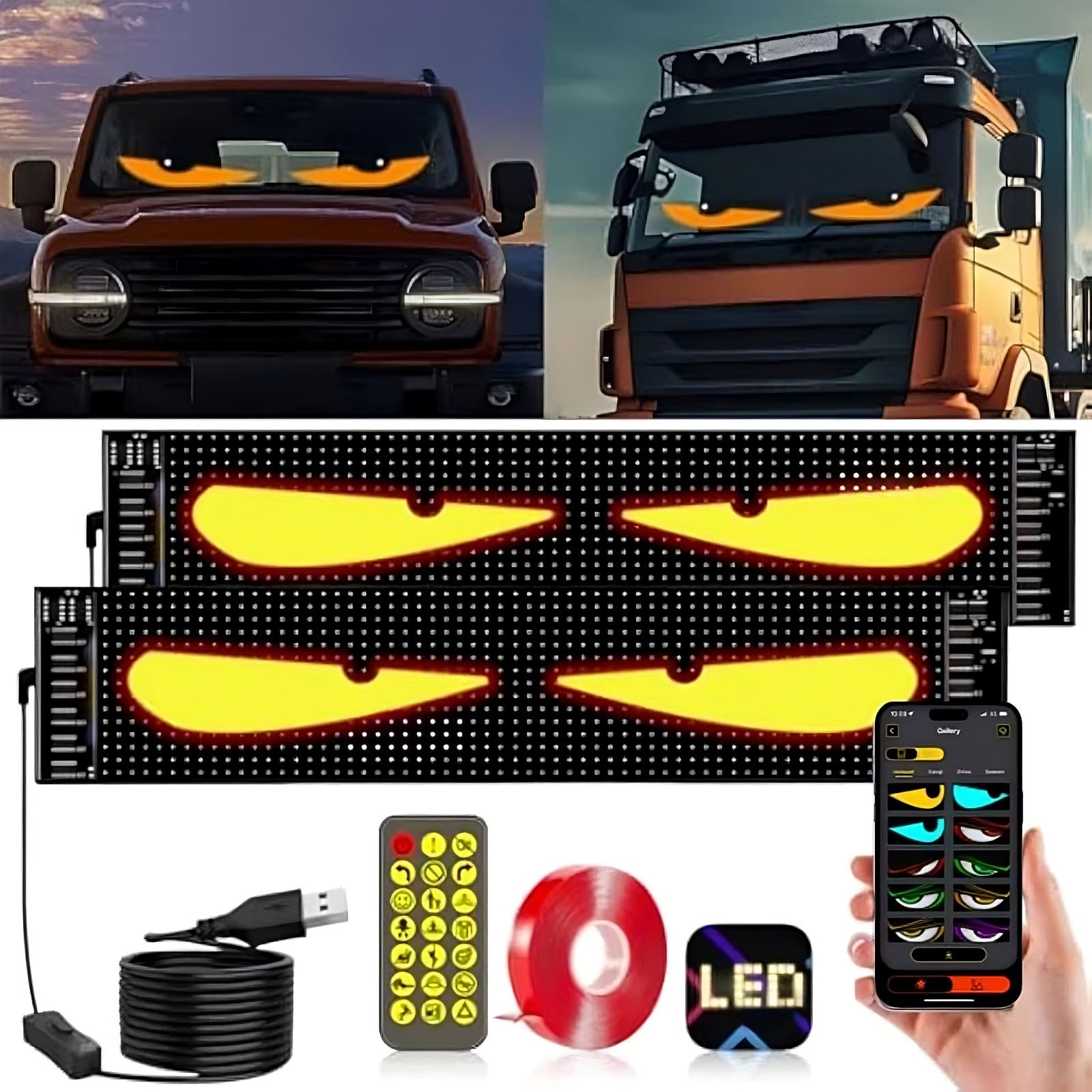 Programmable LED Windshield Display – Waterproof Dynamic Big Eye Lights with App & Remote Control