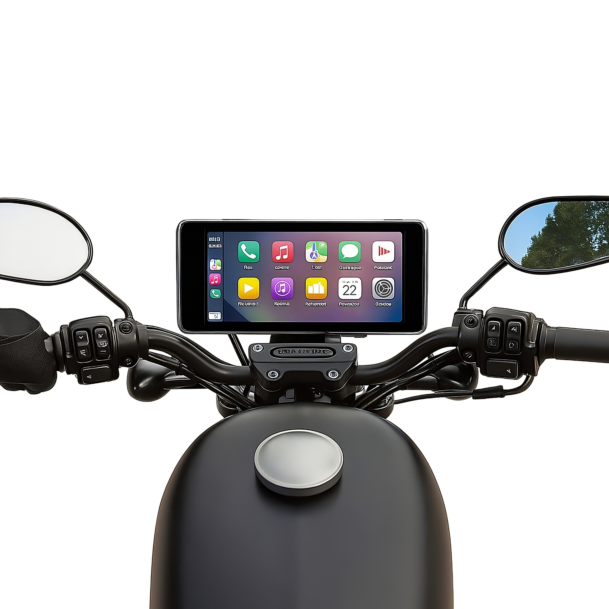 Motorcyclist using a 7‑inch CarPlay display mounted on handlebars for GPS navigation.  
