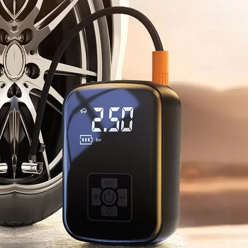 Portable tire inflator with digital LCD screen inflating a car tire on the roadside.  
