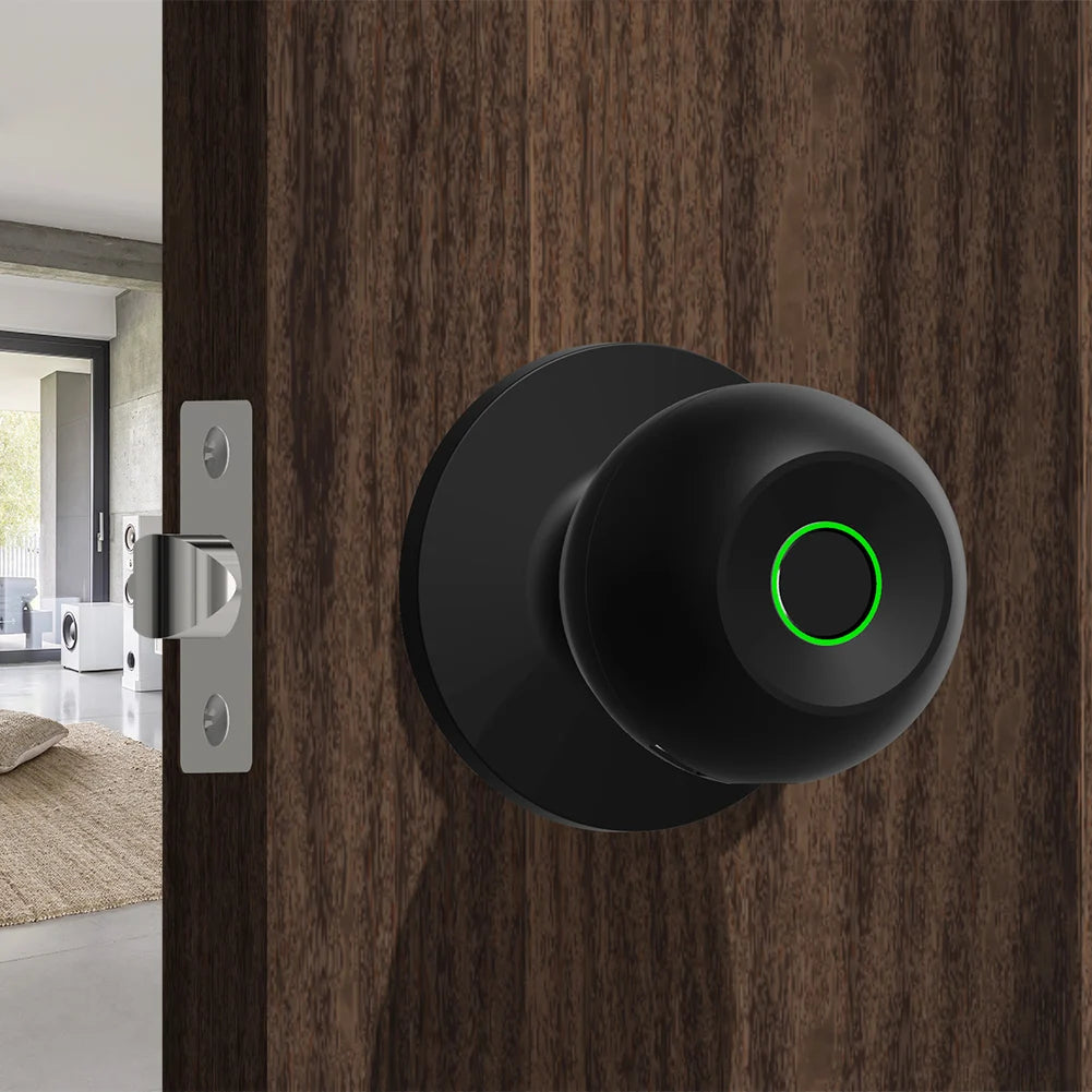 Person unlocking smart door knob via fingerprint on interior door.
