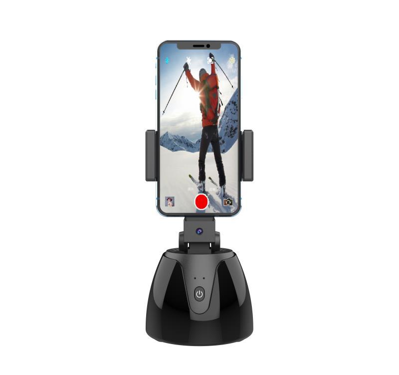 Portable rechargeable AI face tracking phone stand used for live streaming.  
