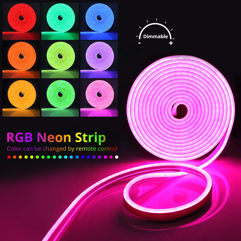 Smart neon LED strip emitting vibrant colors around a gaming desk synced to music.  