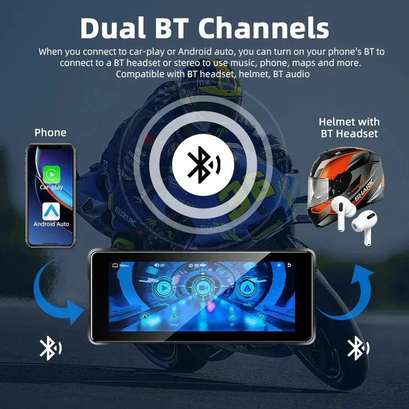 7‑Inch Motorcycle CarPlay & Android Auto Display – Waterproof Touchscreen with Dual Bluetooth & Compass