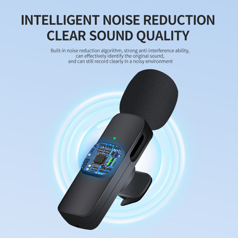 Close-up of portable Bluetooth microphone with noise reduction.