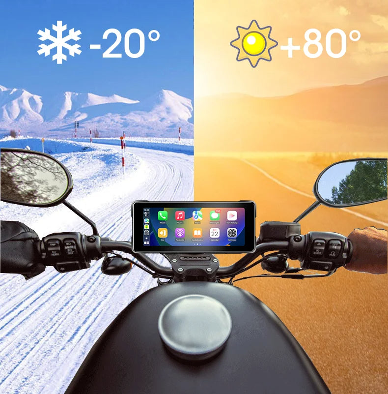 Close‑up of waterproof 7‑inch motorcycle display showing Android Auto interface in rain.  