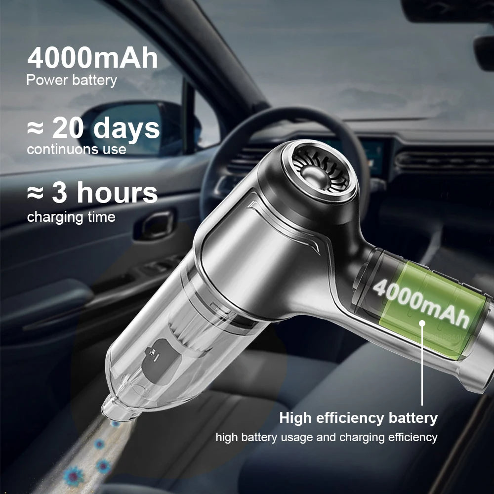Lightweight car vacuum in use with built‑in LED illuminating dark footwells.