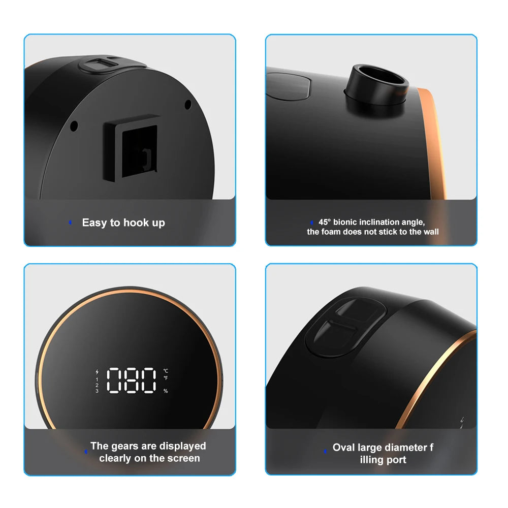Close‑up of touchless foaming dispenser showing adjustable volume settings and USB port.  