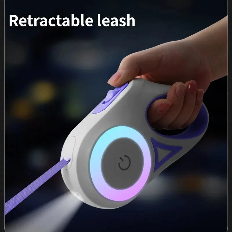 Owner walking dog with retractable camera leash outdoors.