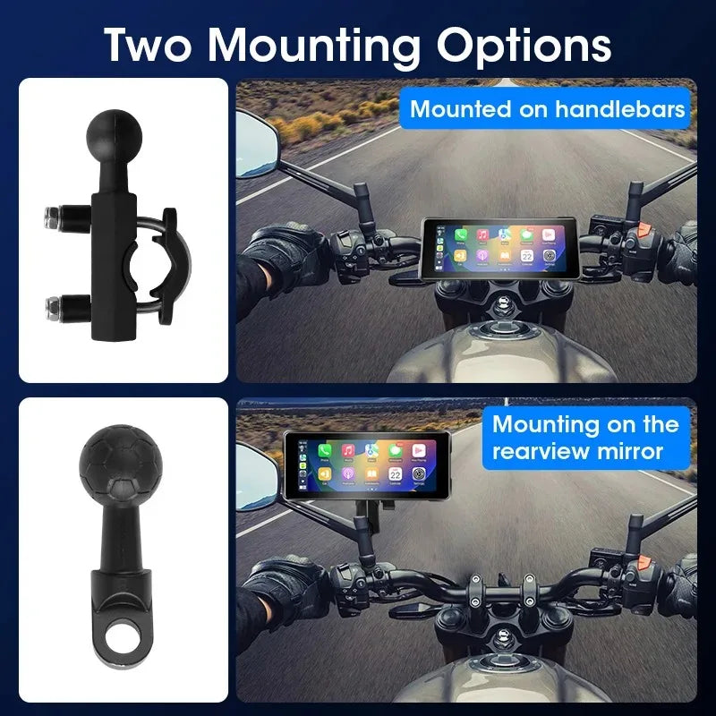 Motorcycle dashboard upgraded with dual‑Bluetooth touchscreen and compass indicators.  