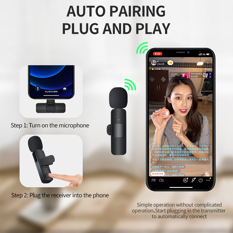 Wireless K9 Lavalier Microphone – Auto‑Pairing Noise‑Reduction Mic for Vlogs & Interviews