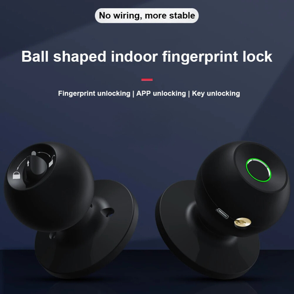 Smart door knob showing Type‑C emergency power port and Bluetooth app on a phone.  