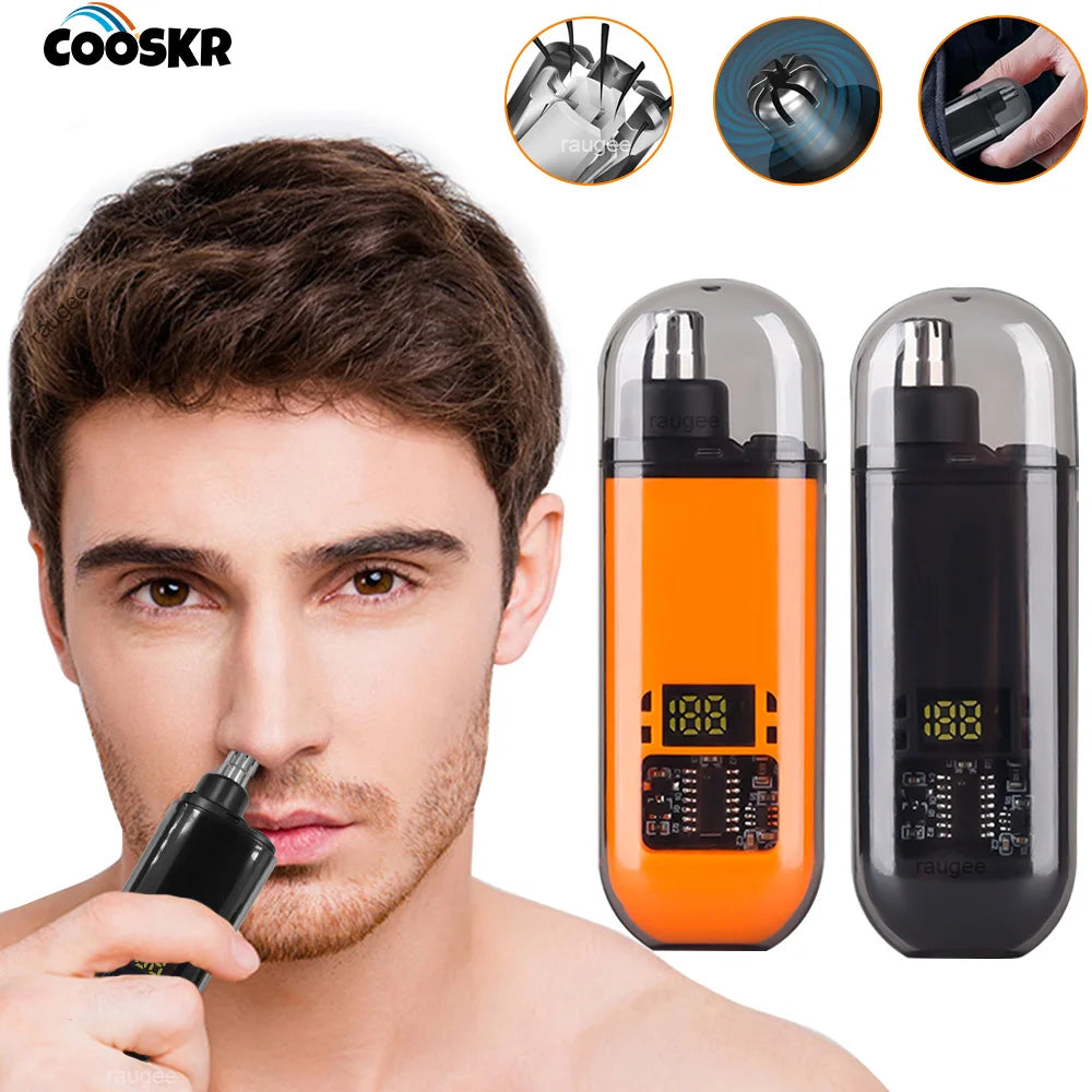 Man using a multi‑function nose and ear hair trimmer with detachable attachments. 
