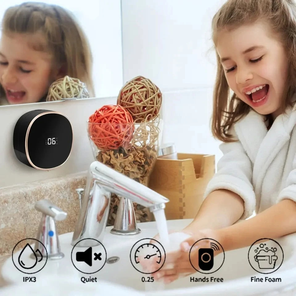 Rechargeable sensor soap dispenser mounted on a bathroom wall with waterproof design. 