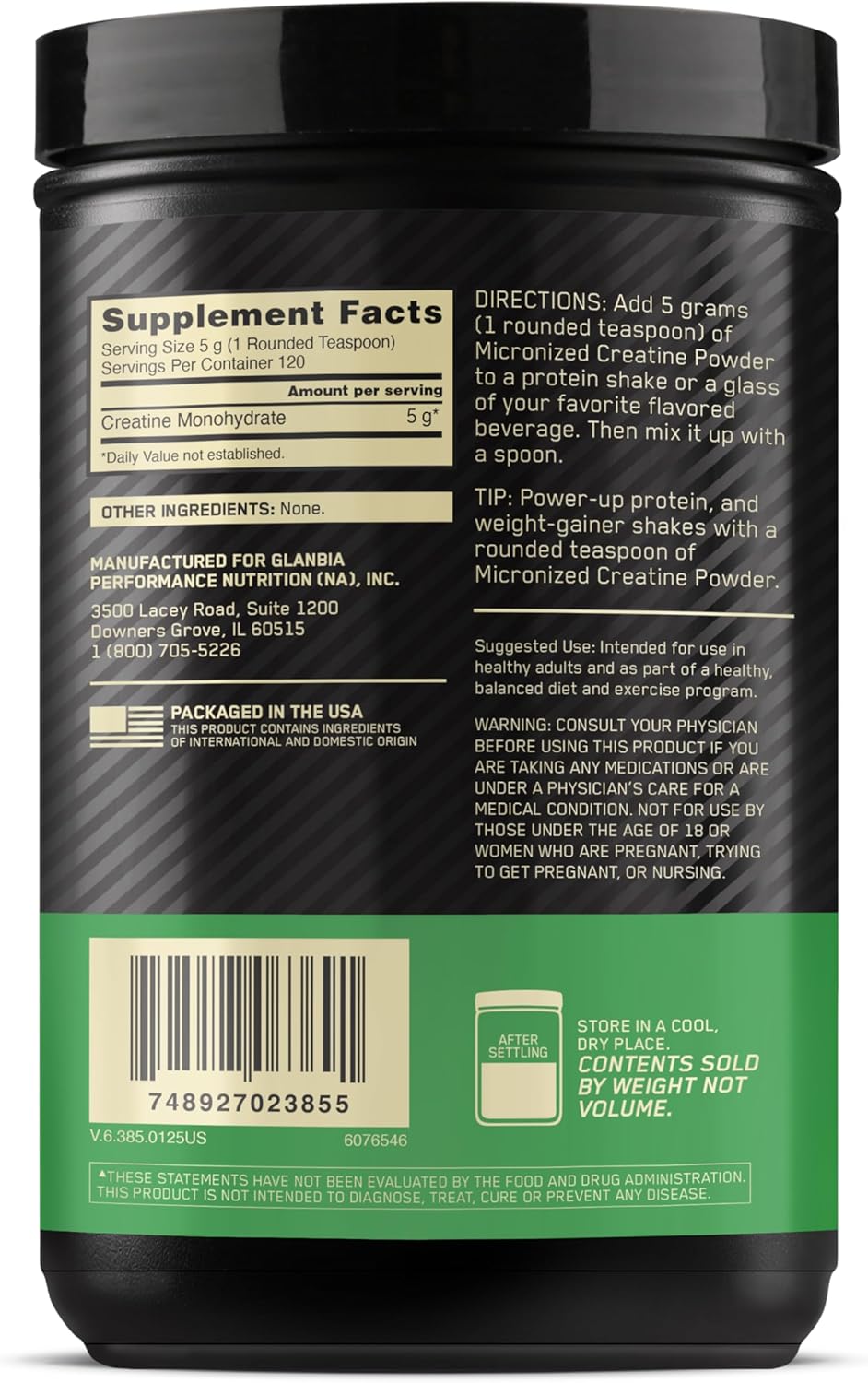 Optimum Nutrition Micronized Creatine Monohydrate Powder, Unflavored, 120 Servings, 600 Grams (Packaging May Vary)