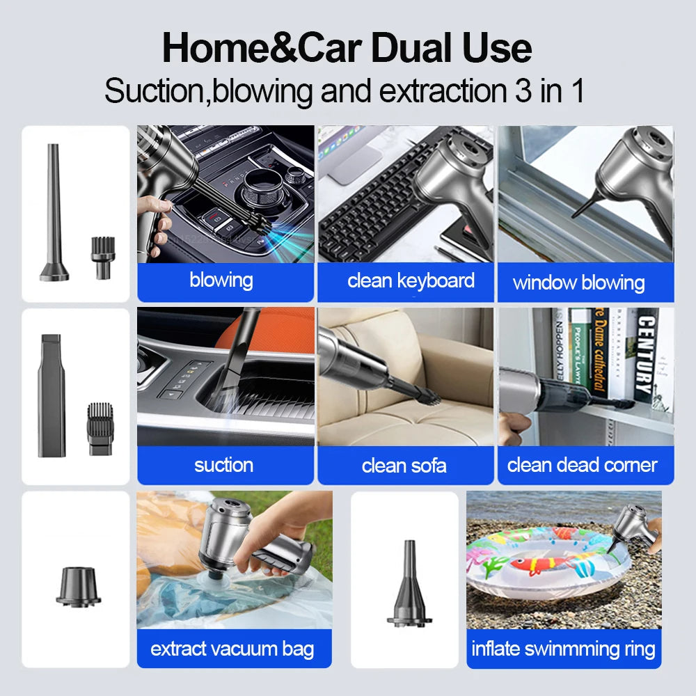 2‑in‑1 Car Vacuum & Air Blower – 12 kPa Suction, Type‑C Rechargeable with HEPA Filter & LED Light