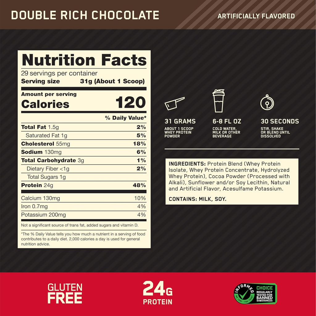 Optimum Nutrition Gold Standard 100% Whey Protein Powder, Double Rich Chocolate 1.98 Pound (Packaging May Vary)