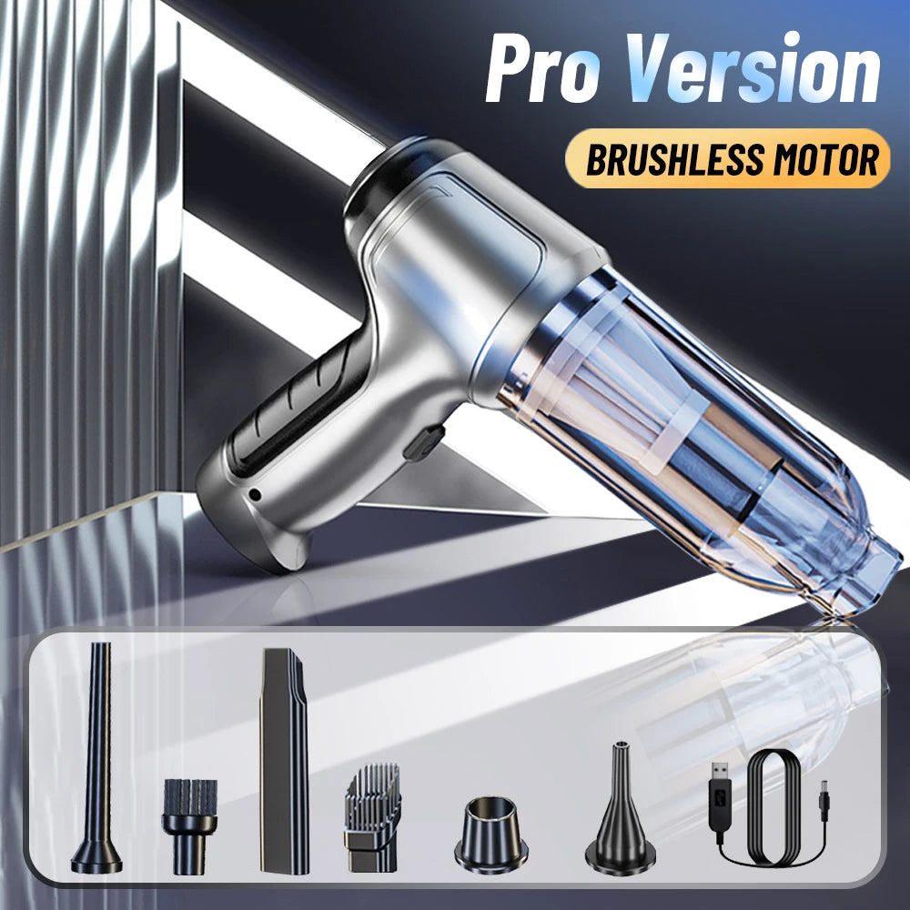 2‑in‑1 Car Vacuum & Air Blower – 12 kPa Suction, Type‑C Rechargeable with HEPA Filter & LED Light