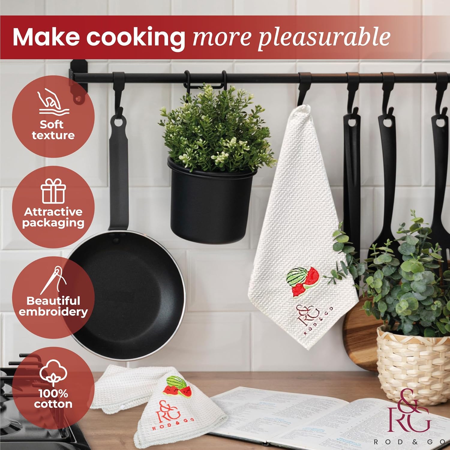 Stack of six folded microfiber towels tied with a ribbon on a countertop, styled as a housewarming or BBQ gift set.