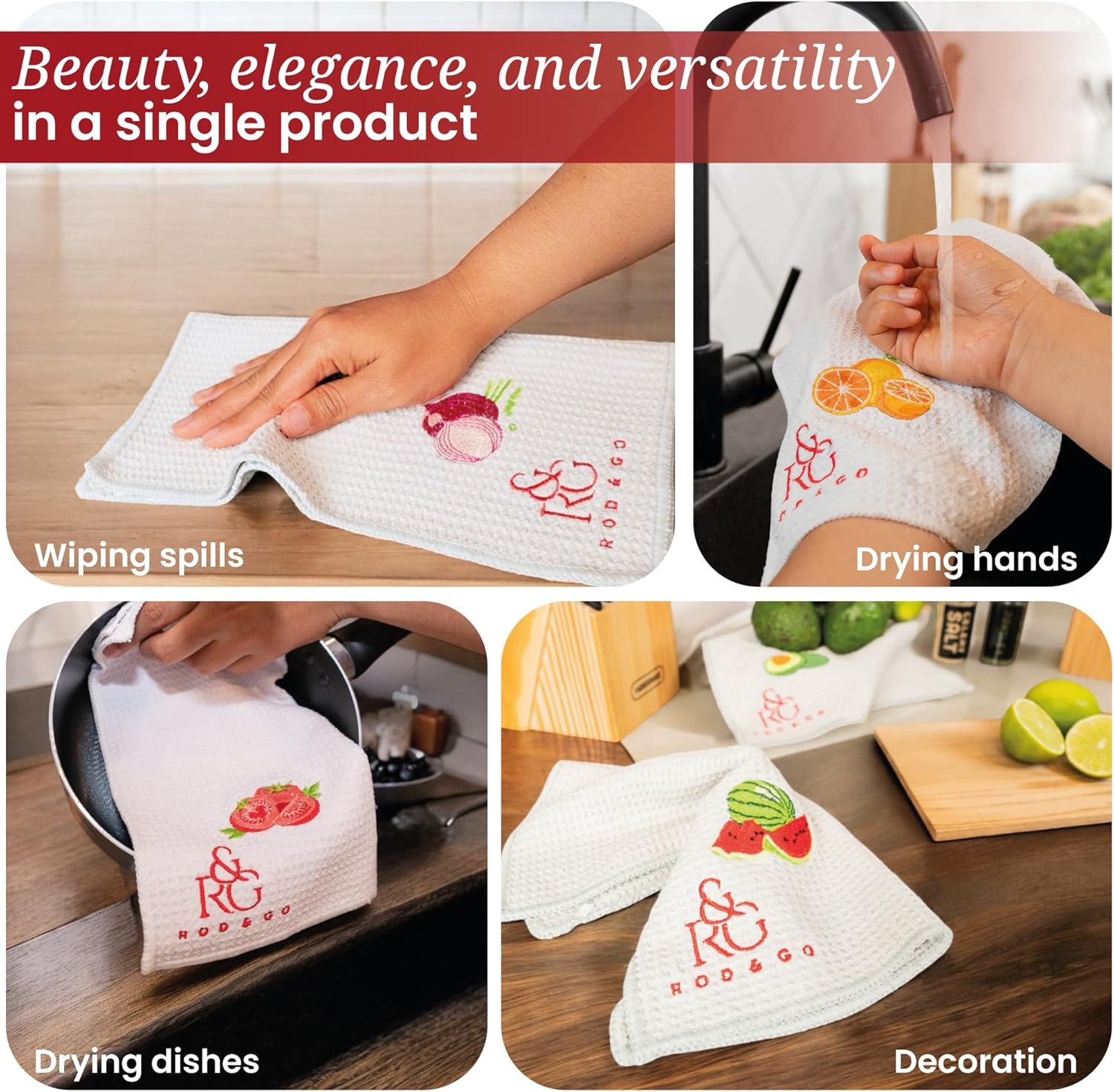 Stack of six folded microfiber towels tied with a ribbon on a countertop, styled as a housewarming or BBQ gift set.