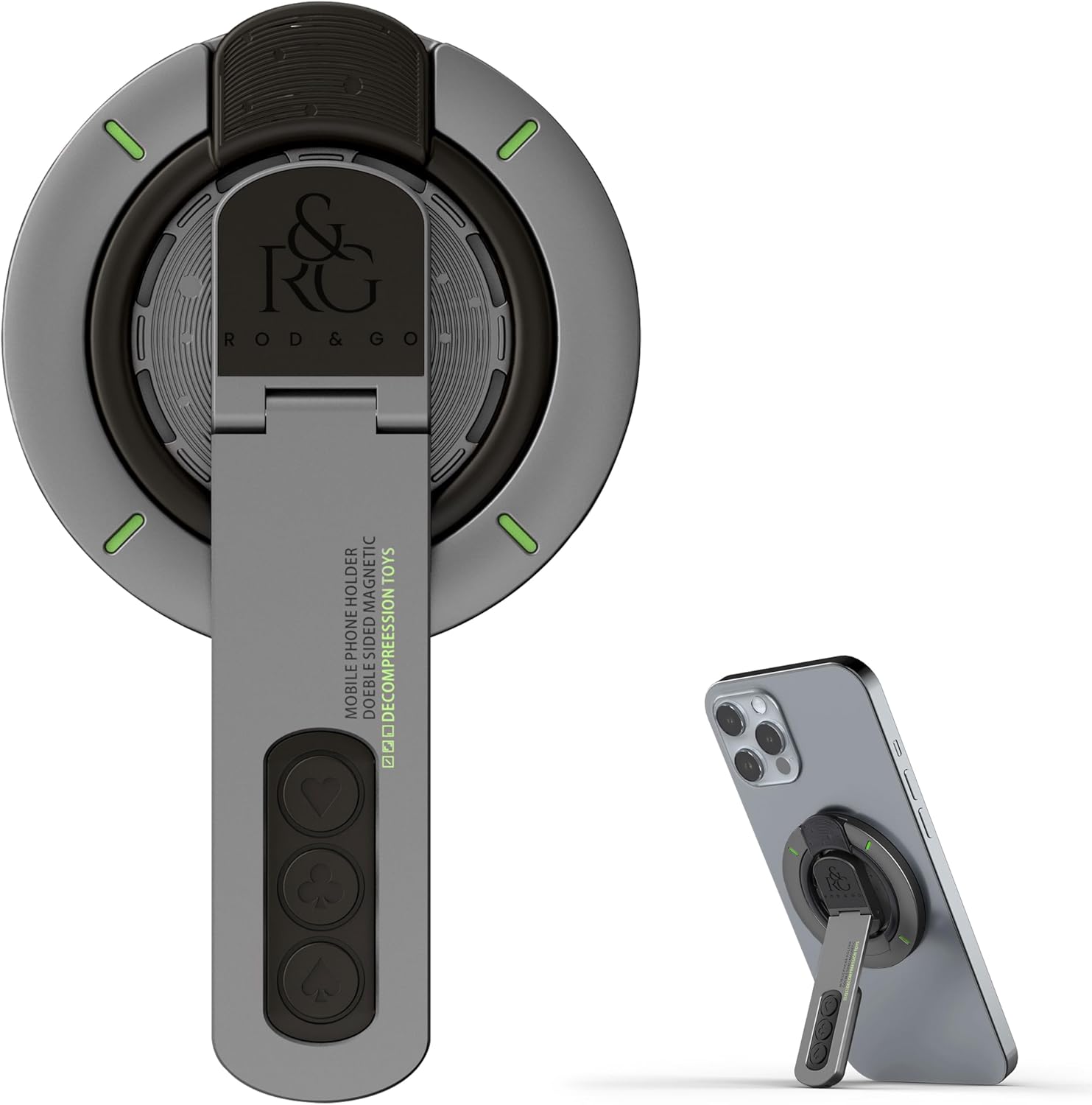 Foldable magnetic phone stand showing iPhone attached via MagSafe in portrait with 360° rotation and stable base on a desk.