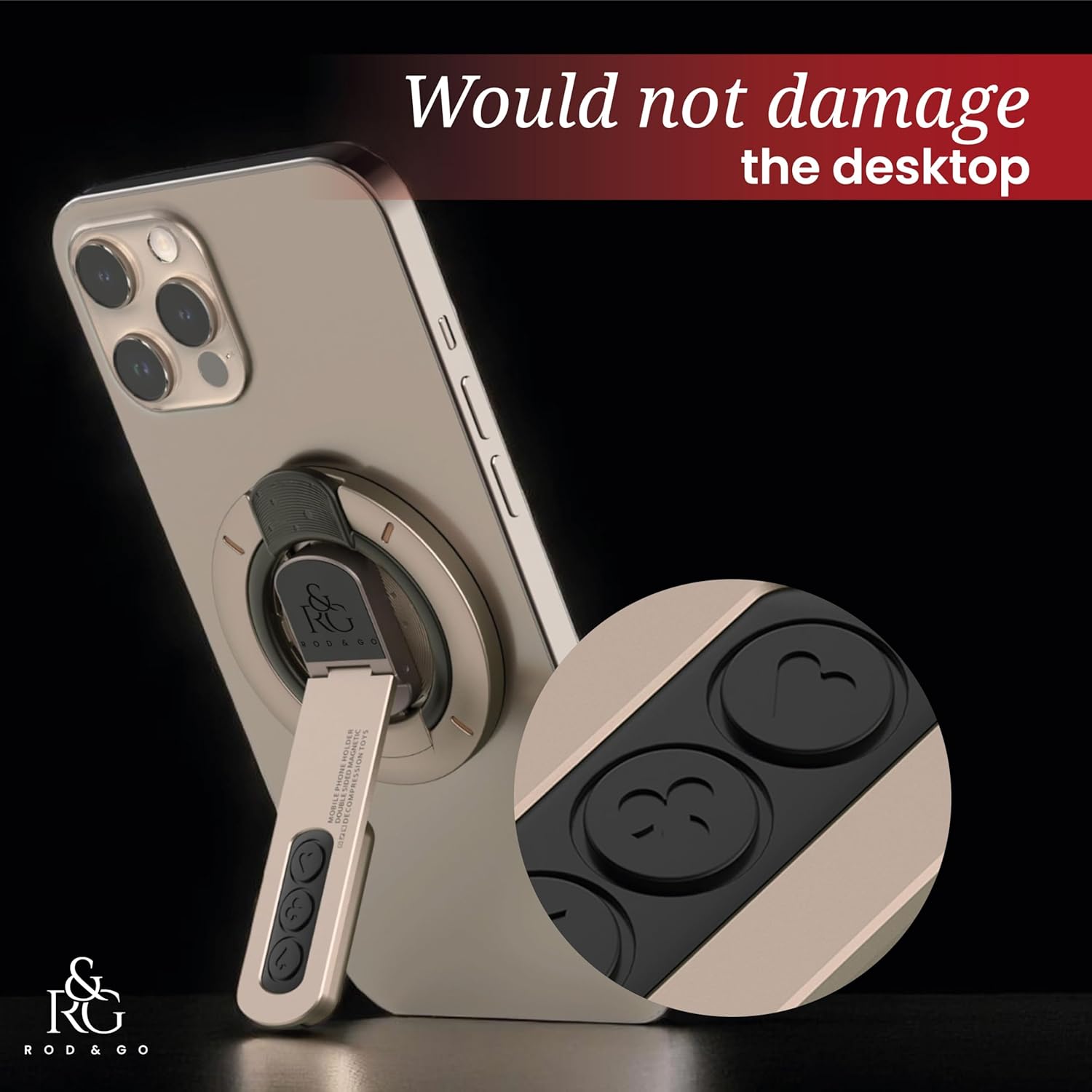 Foldable magnetic phone stand showing iPhone attached via MagSafe in portrait with 360 degree rotation and stable base on a desk.