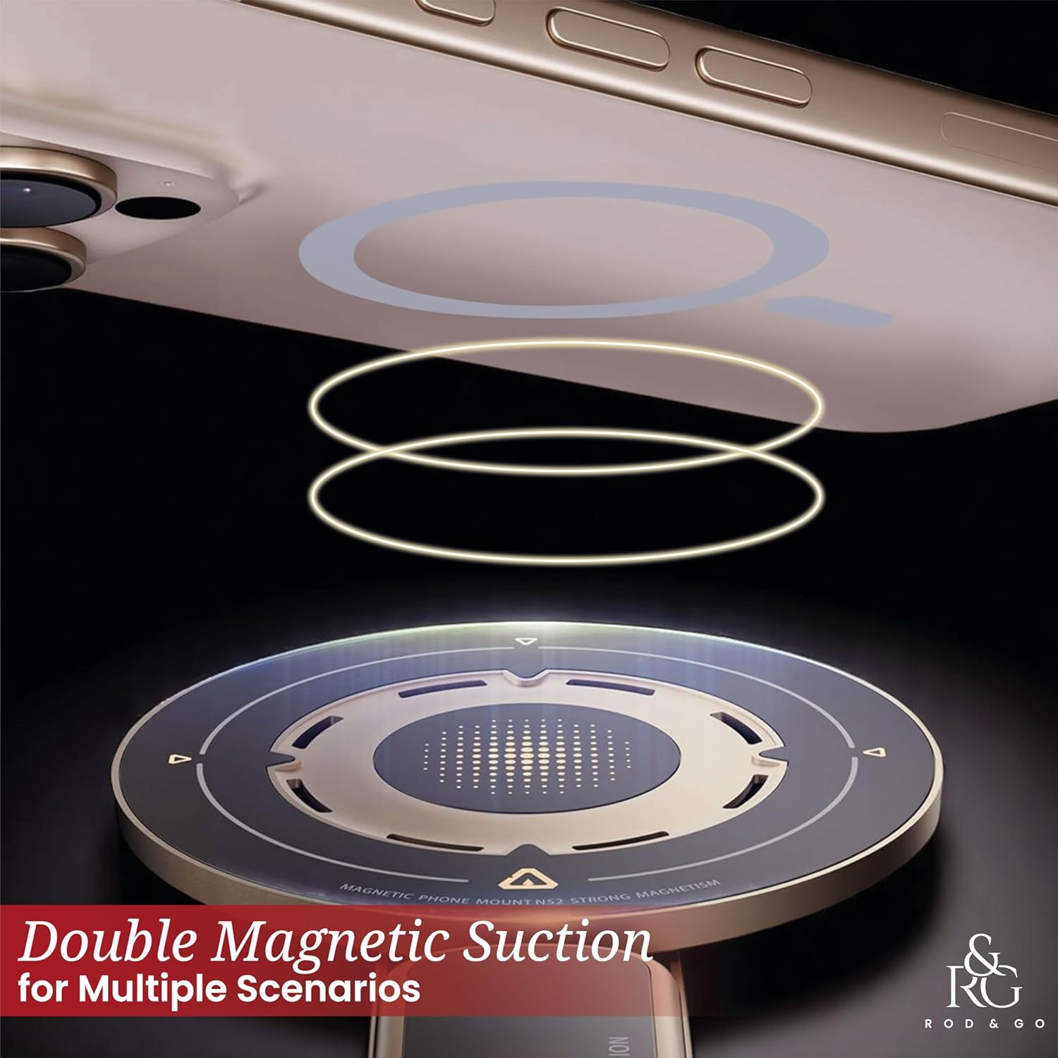 Foldable magnetic phone stand showing iPhone attached via MagSafe in portrait with 360 degree rotation and stable base on a desk.