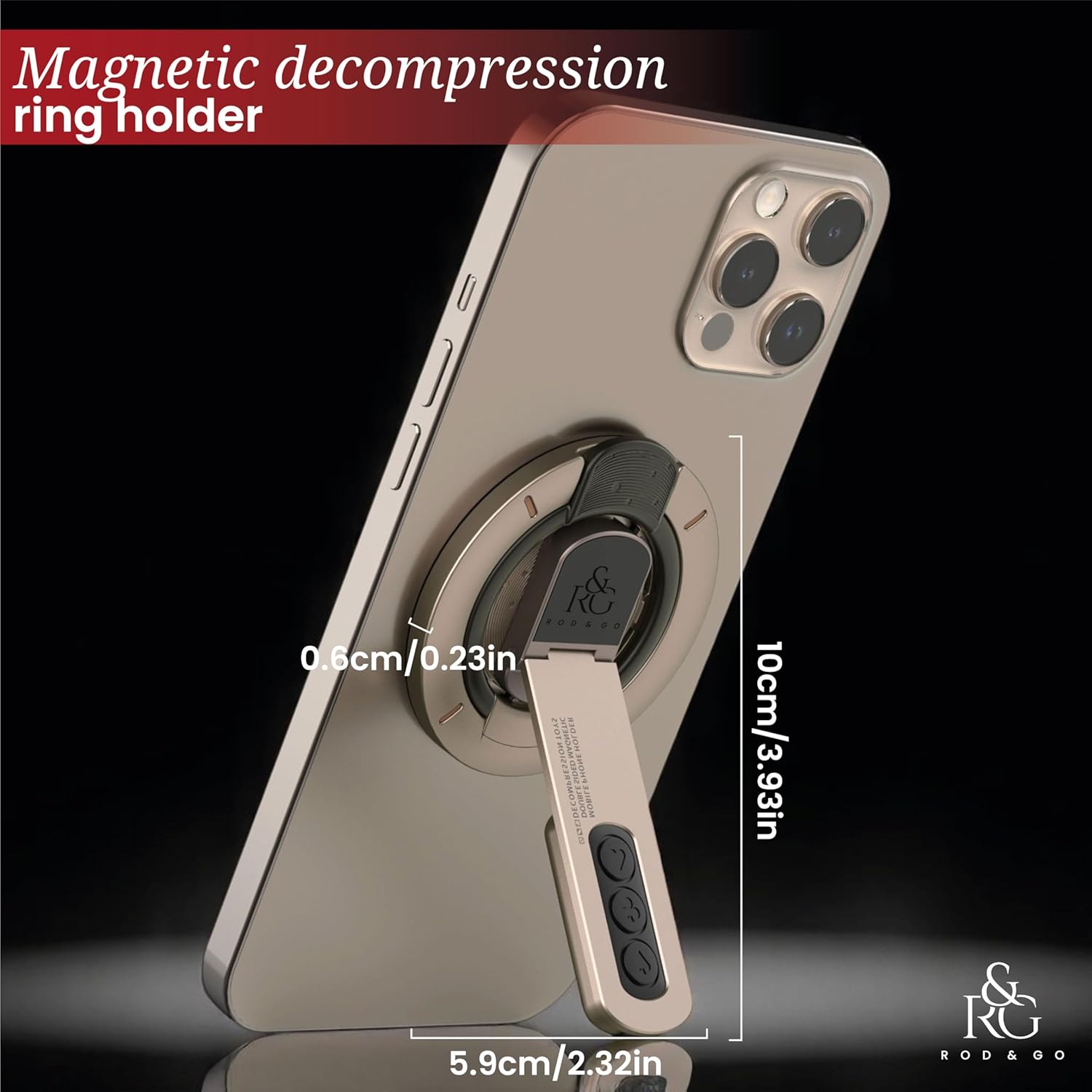 Foldable magnetic phone stand showing iPhone attached via MagSafe in portrait with 360 degree rotation and stable base on a desk.