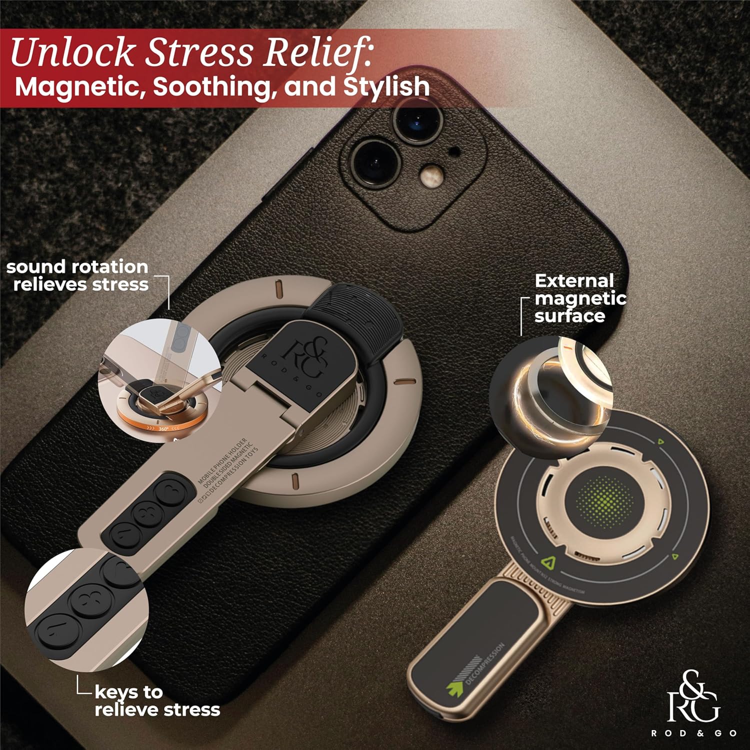 Foldable magnetic phone stand showing iPhone attached via MagSafe in portrait with 360 degree rotation and stable base on a desk.
