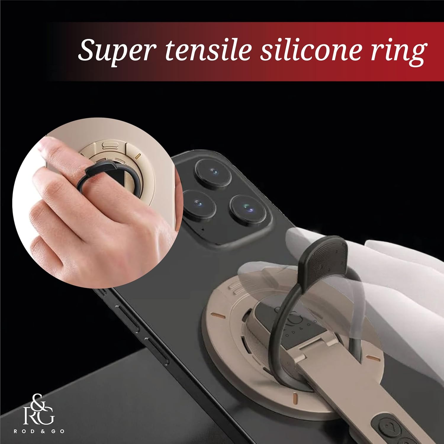 Foldable magnetic phone stand showing iPhone attached via MagSafe in portrait with 360 degree rotation and stable base on a desk