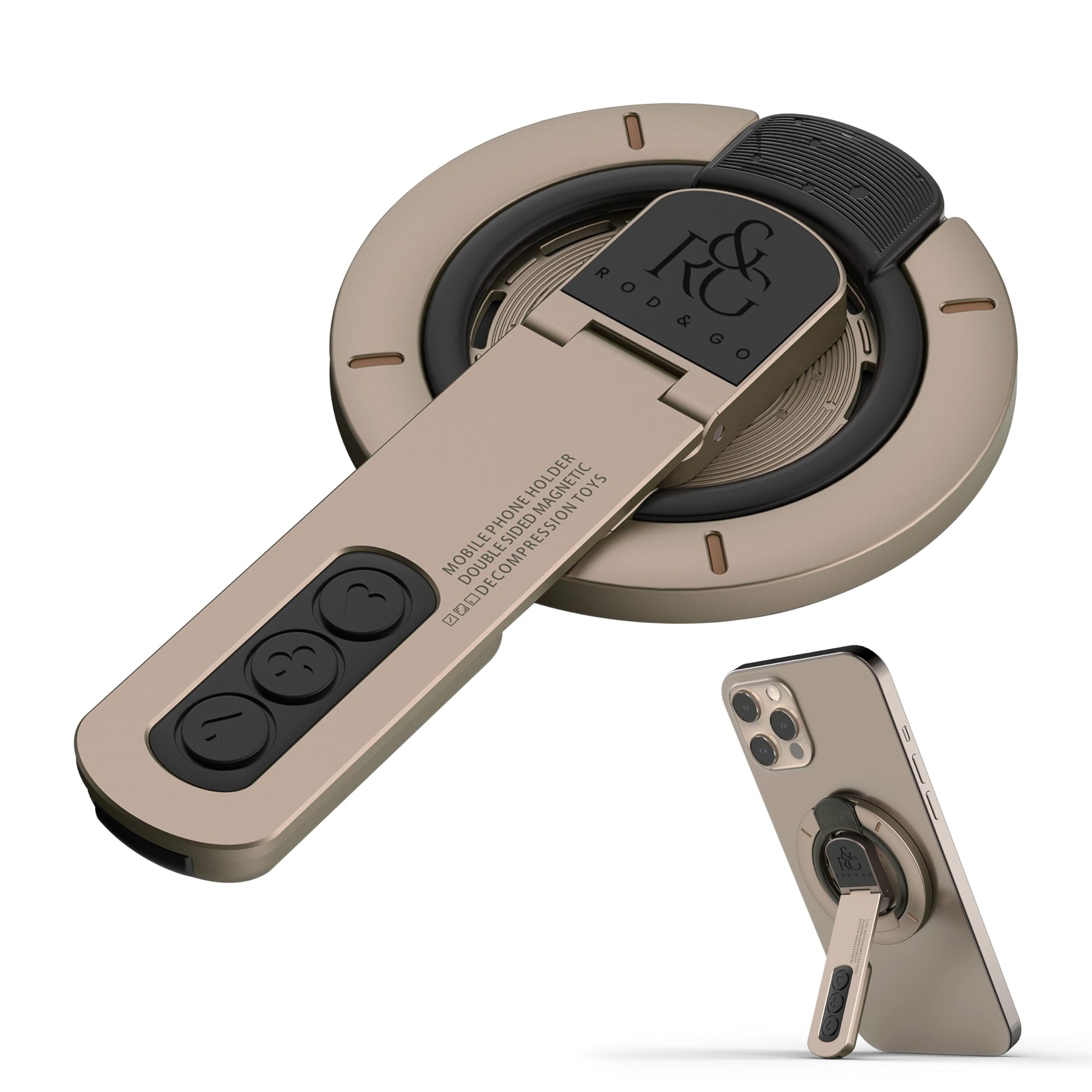 Foldable magnetic phone stand showing iPhone attached via MagSafe in portrait with 360 degree rotation and stable base on a desk.